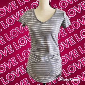 Motherhood Maternity Gray & White Striped V-Beck Cozy Soft Tee Shirt XS